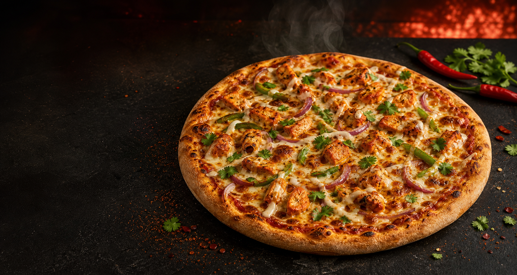 Fresh Desi Pizza with chicken, peppers, onion, cilantro and a blistered crust